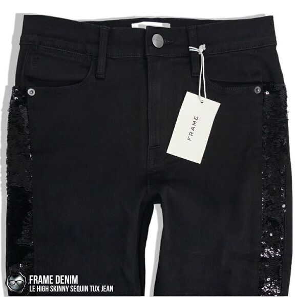 FRAME DENIM LE HIGH SKINNY SEQUIN TUX STRIPE JEAN NOIR BLACK WOMEN’S SIZE 27 NWT - Picture 9 of 16